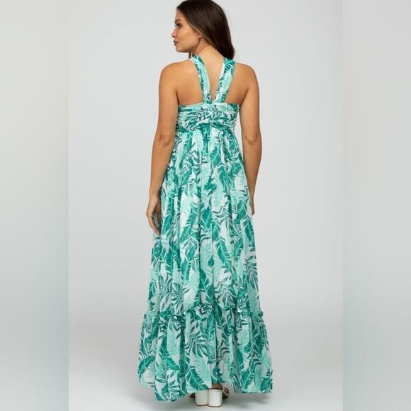 Pinkblush Big Hit Green Palm Print Halter Neck Maternity Maxi Dress Size Small - Picture 3 of 4